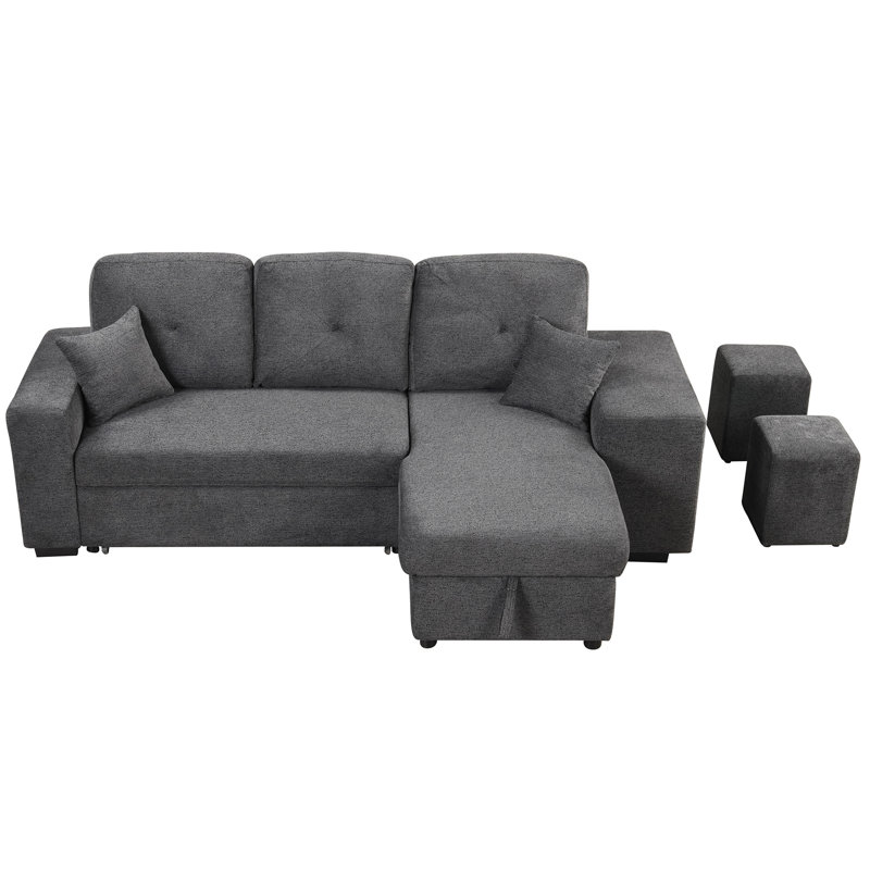 Reversible Sleeper Sectional Sofa Bed With Side Shelf And 2 Stools, Pull-Out L-Shaped Sofa Bed, Corner Sofa-Bed With Storage Chaise Left/Right Hande For Living Room