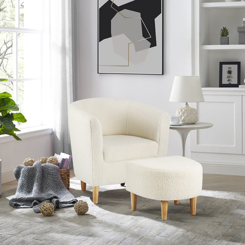 Upholstered 27" Wide Barrel Chair with Ottoman, White Teddy