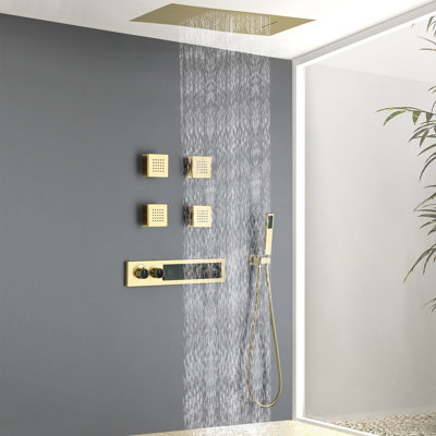 Système de douche thermostatique de luxe à 4 fonctions, encastré au plafond, finition or brossé, avec jets de massage et robinetterie encastrée.