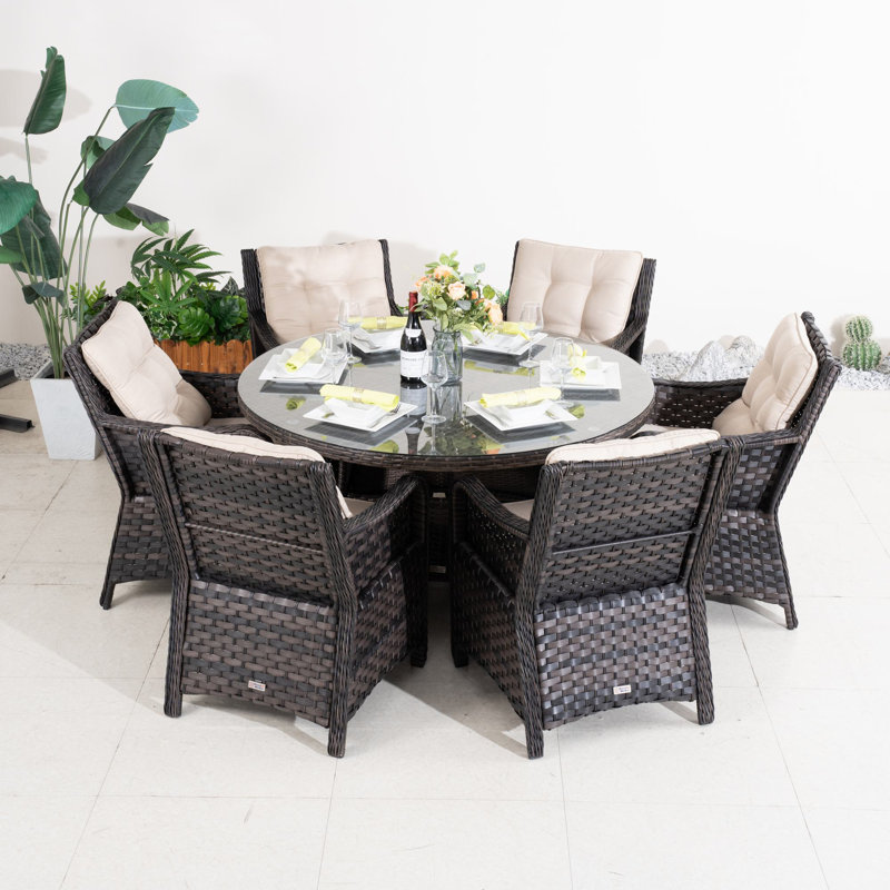 Ensemble repas pour patio en osier pour 6 personnes avec table rectangulaire Edford, coussins inclus