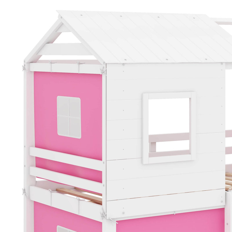 Lit double superposé en bois avec tente, Lit double, Rose/Blanc