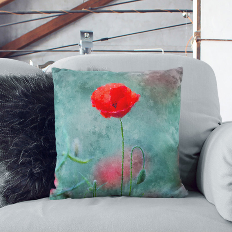 A Lone Poppy Flower Square Throw Cushion, White, 55cm H x 55cm W x 20cm D