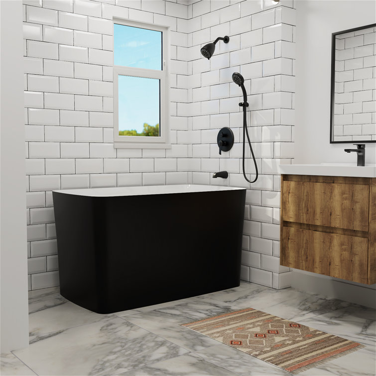 46.85" x 27.3" Freestanding Small Acrylic Bathtub, Integrated Seat & Non-Slip Surface, Chrome Drain for Safe Soaking in Compact Bathrooms