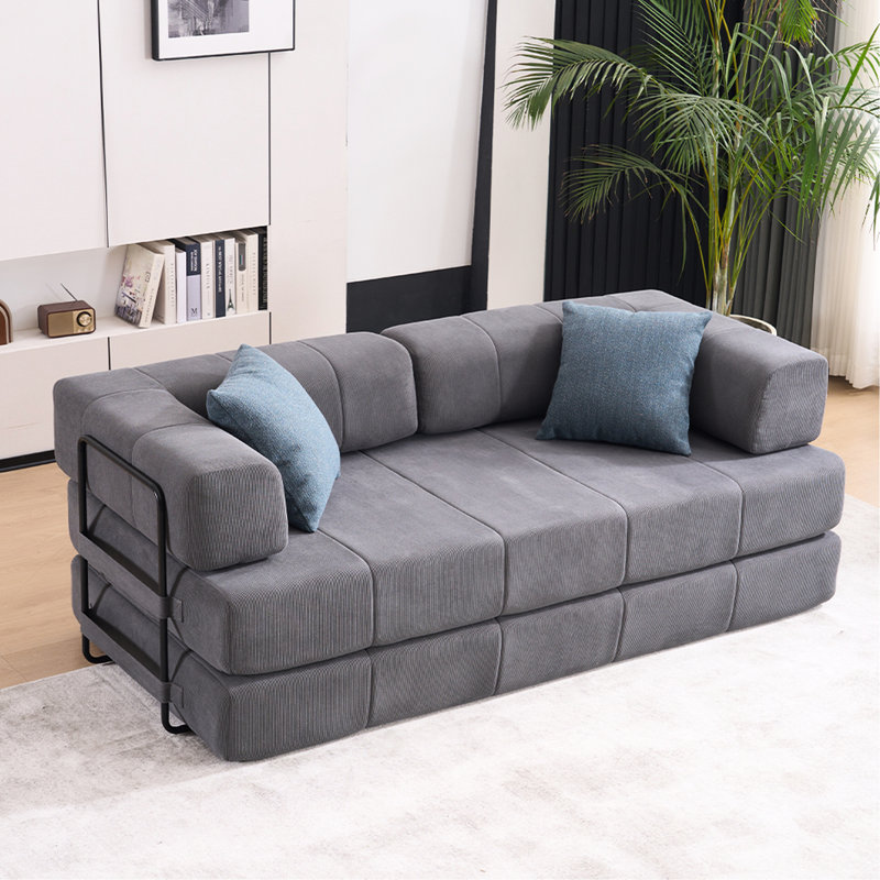3 - Seater Folding Bed With 2 Pillows, 78.5" Convertible Futon For Office, Living Room, Apartment, Corduroy, No Assembly, Vacuum Packed Fold Out Futon, Foam Spring Floor Mattress,