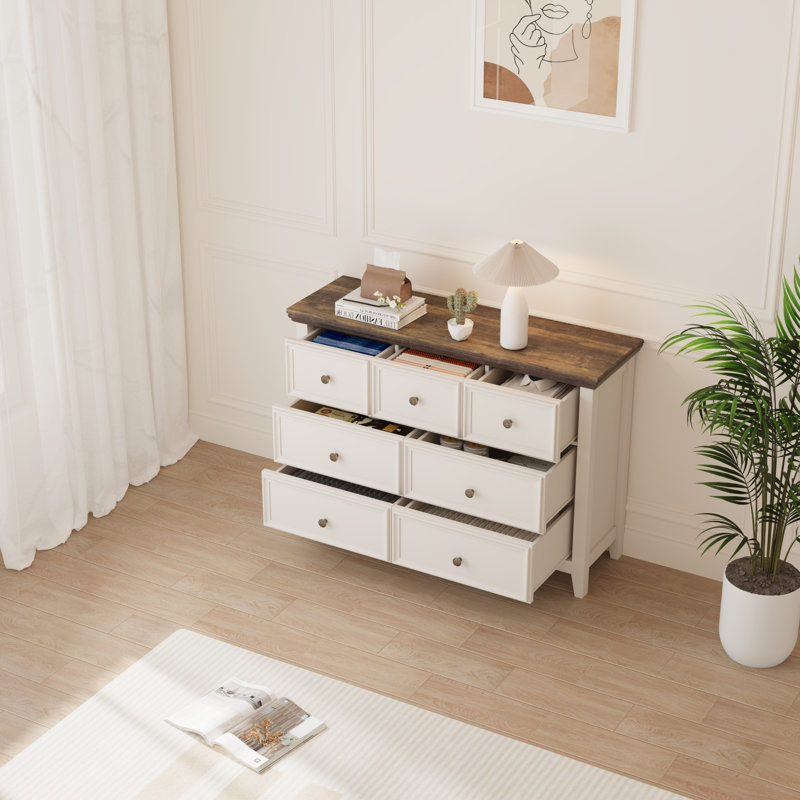 Commode de rangement rustique à 7 tiroirs Farmhouse, Crème, crème