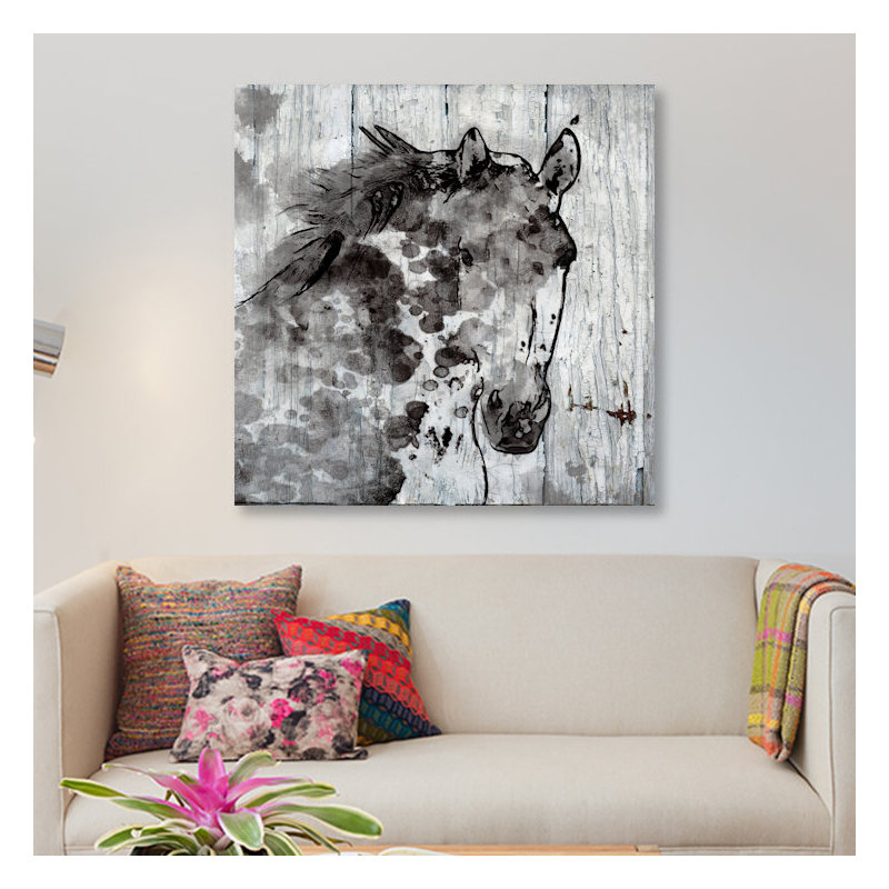 « winter cheval », impression sur toile, H 16 po x l 16 po x P 1 po, Papier d'art encadré noir, Blanc