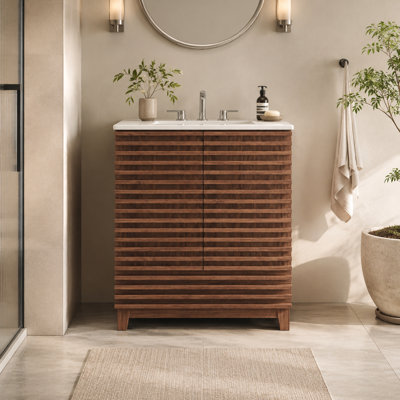 Meuble-lavabo de 30 pouces avec lavabo en céramique, armoire de salle de bain autoportante avec 2 portes cannelées et 1 tiroir, support de rangement à double porte, séparateur de tiroir amovible