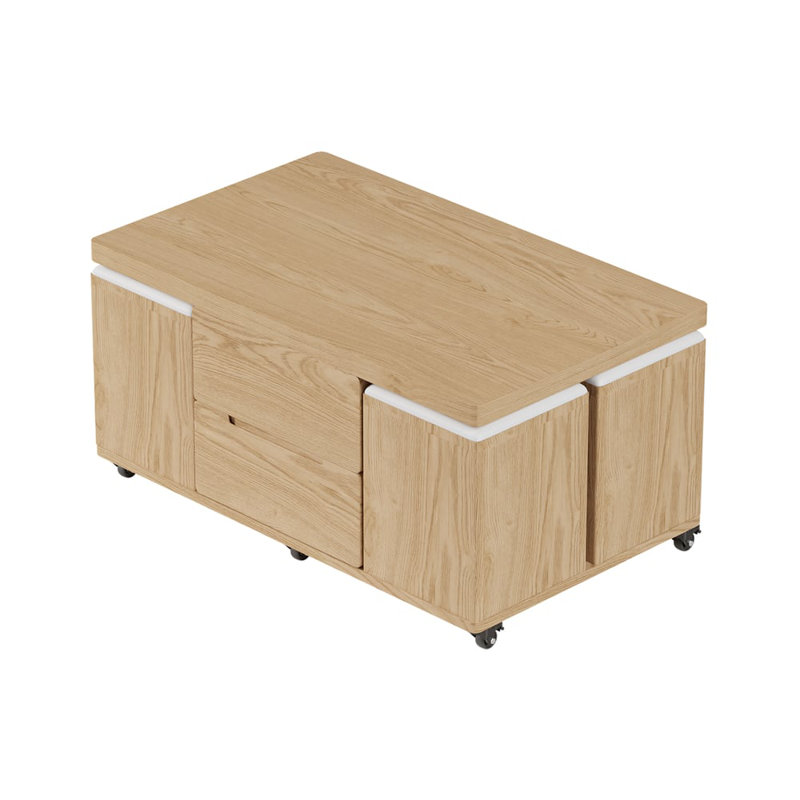 Table basse 39 po avec 4 tabourets et rangement, Bois naturel, Bois naturel