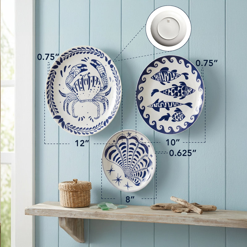 American Art Decor Blue & White Coastal Ceramic Wall Plate Set - 3pc