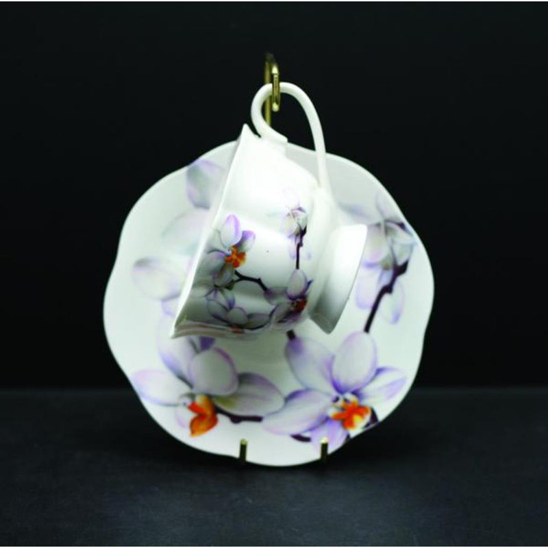 Tasse à thé et soucoupe vaudoise 220Cc (orchidée) porcelaine neuve, avec boîte-cadeau en PVC