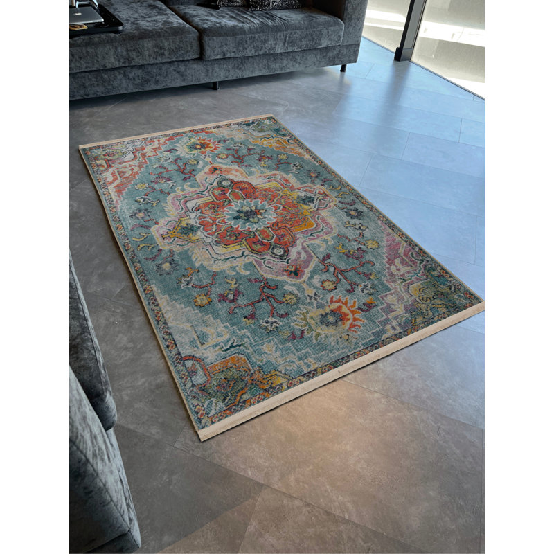 Blue Themed Traditional Motif Ethnic Floral Patterned Fringed Vintage Decorative Carpet