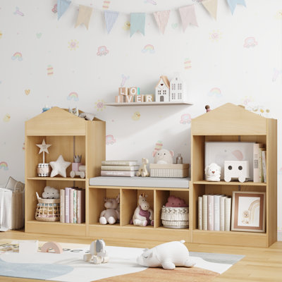 68.9“ Kids Bookshelf With Reading Nook, Toy Storage Organizer With Seat Cushion And 7 Storage Cubbies, Wooden Kids Bookcase, Toy Organizers And Storage For Nursery, Playroom, White