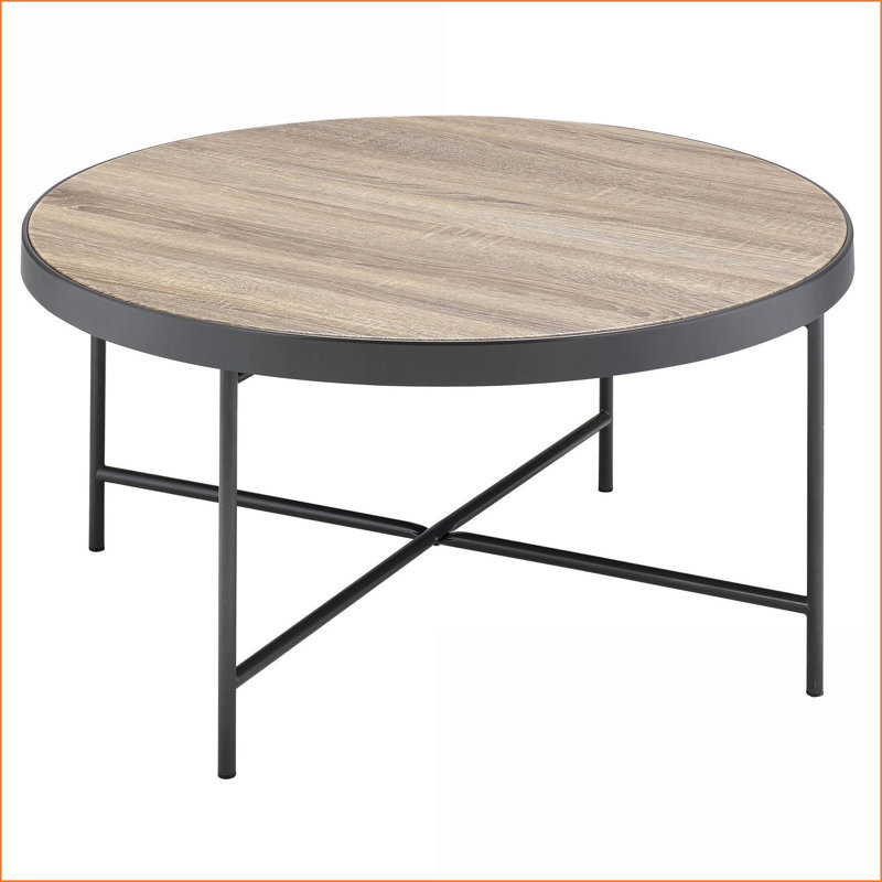 Chêne gris industriel patiné Table basse noire, plateau rond avec garniture en métal - amplement d'espace et amp; Support en X stable