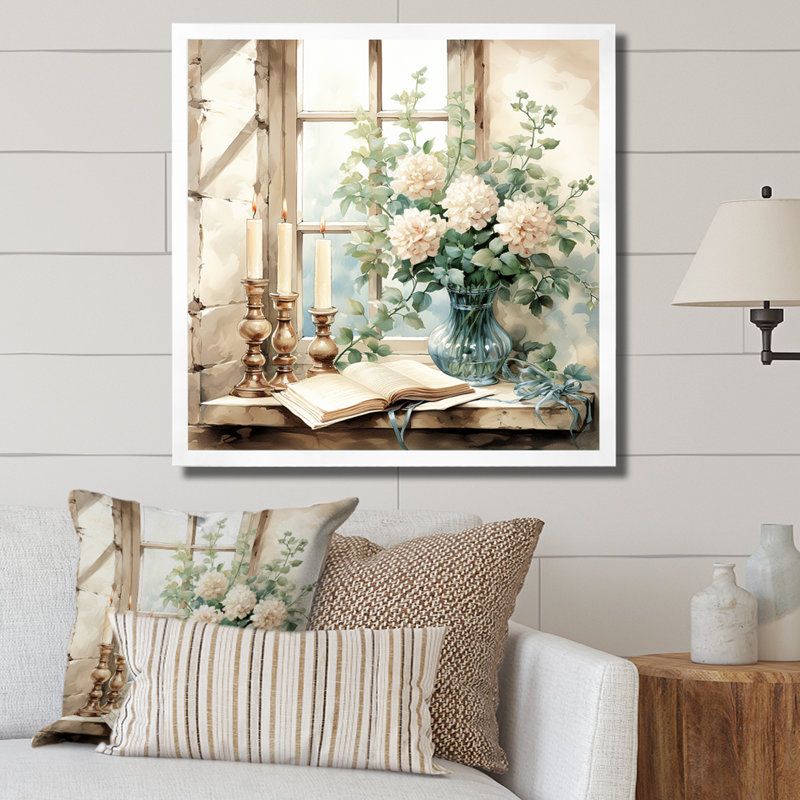 Blanc et vert antique, charme de fenêtre floral - art mural fenêtres de ferme, Cadre simple blanc, H 16 po x l 16 po x P 1 po
