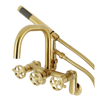 Kingston Brass Webb Three-Handle 2-Hole Adjustable Wall Mount Clawfoot Tub Faucet with Knurled Handle and Hand Shower