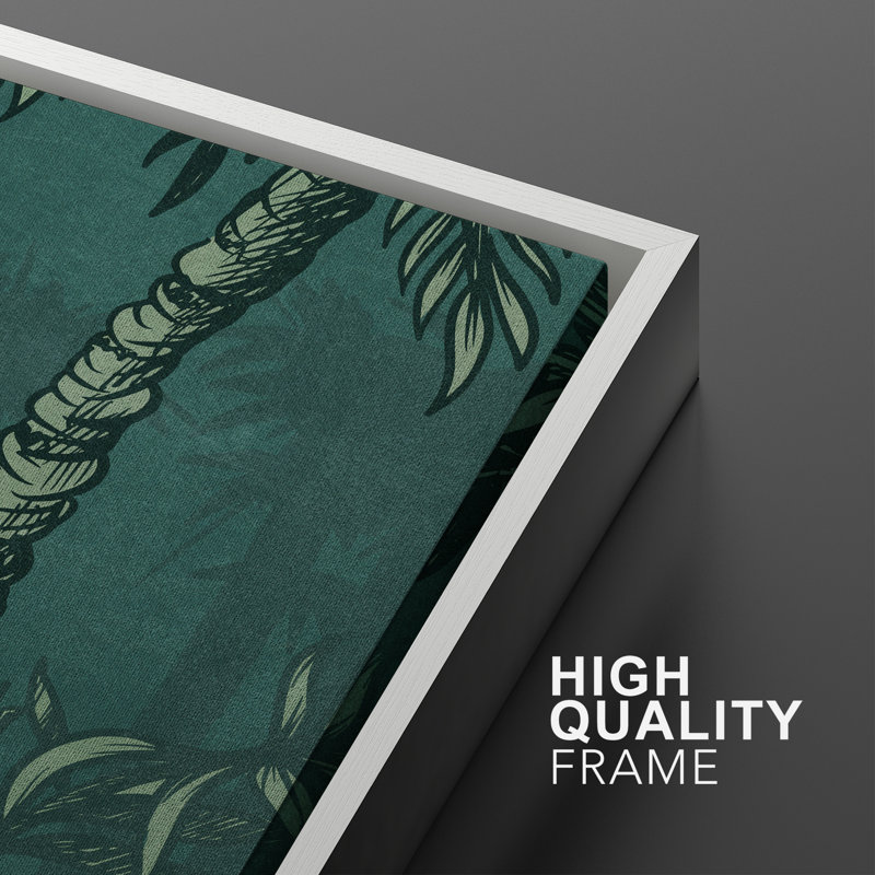 "Vintage Tropical Jungle Scene" en bleu sarcelle - reproduction d'art sur toile encadrée 3 pièces., Cadre blanc