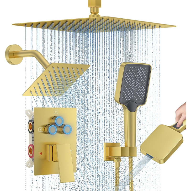 Ensemble de robinet de douche or brossé 10 po avec système de douche de pluie au plafond avec tête supérieure de 10 po + tête latérale de 6 po et robinet de douche à bouton-poussoir multifonctionnel
