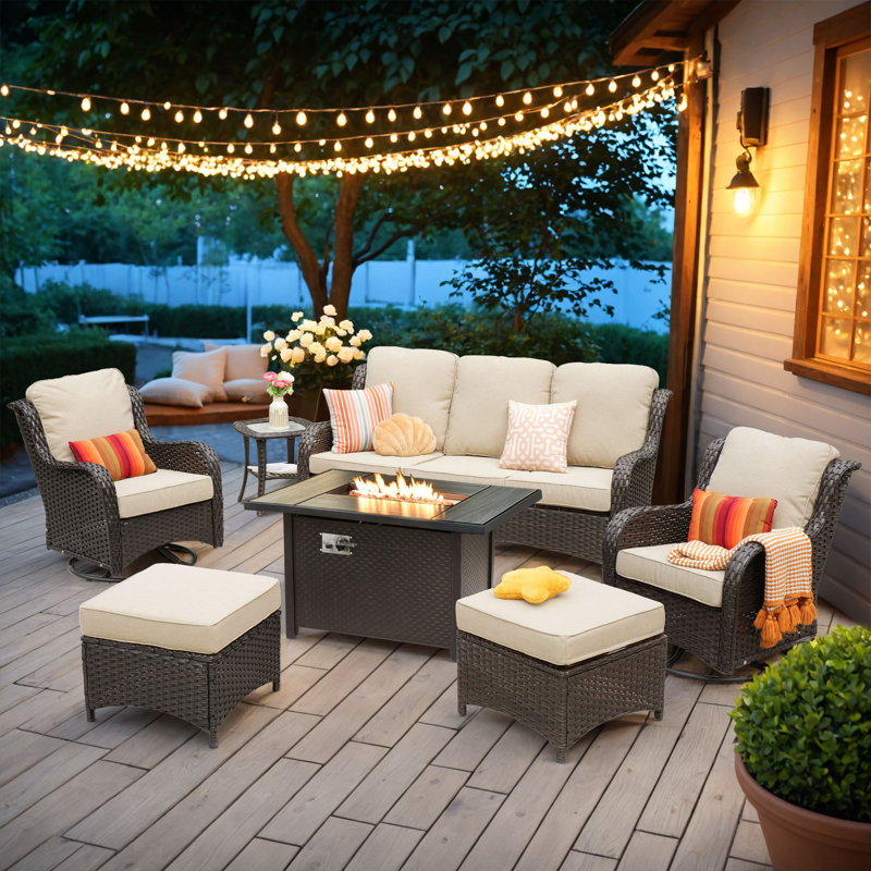 7 - Person Patio Furniture Set with Swivel Rocker, Outdoor Wicker Rattan Seating Group with Cushions, All Weather Sofa Conversation Set with Fire Pit Table for Garden Backyard
