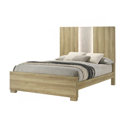 Lit à panneau 1pc contemporain avec éclairage intégré bois flotté