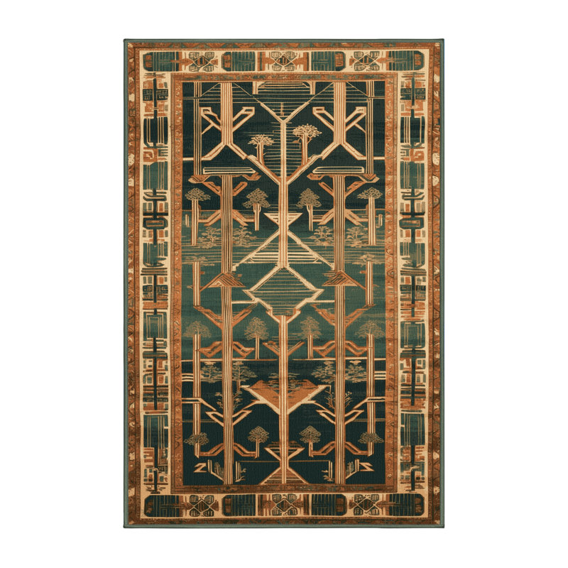 Machine Washable Art Deco Green Area Rug, Rectangle 2' x 3'