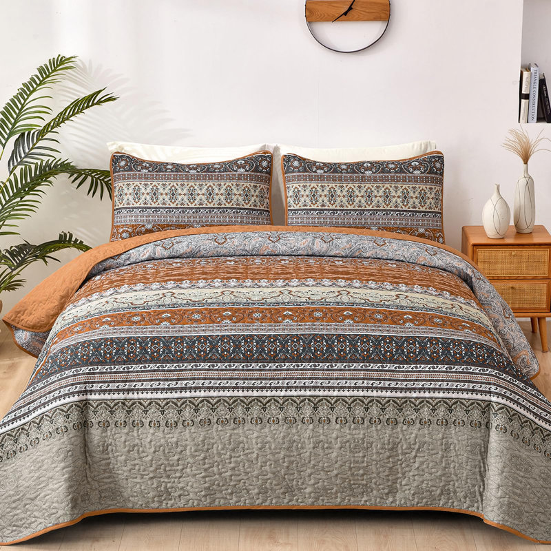 Ensemble de 3 courtepointe Boho Bohemian, Brun / Gris, Courtepointe très grand et 2 très grandes taies 