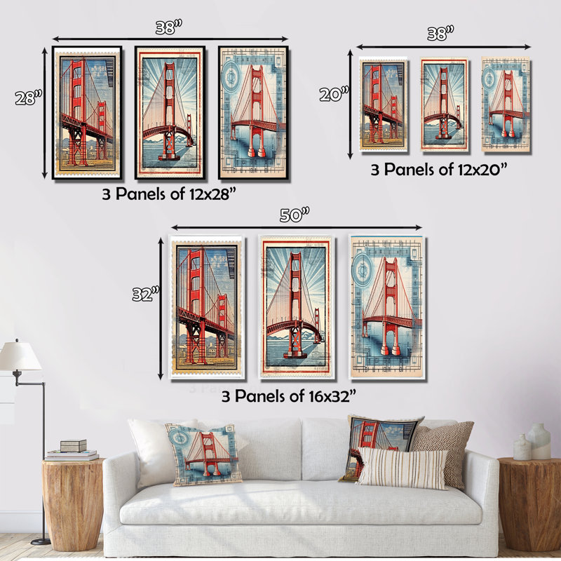 Golden Gate - Illustration rétro de San Francisco - ensemble de 3 pièces, Cadre flottant noir, H 32 po x l 48 po