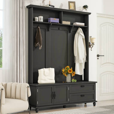 Mavino 47W Hall Tree with 3 Metal Double Hooks, Multiple Entryway Bench with 3 Open Storage Shelves Canora Grey Color: Brown