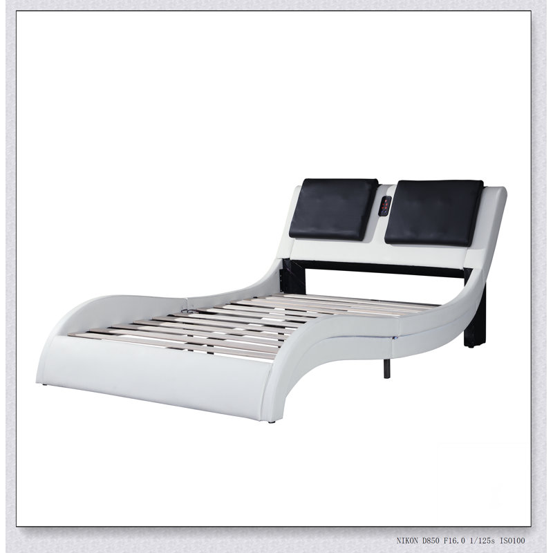 Faux Leather Upholstered Platform Bed Frame With Led Lighting ,Bluetooth Connection To Play Music /RGB Control,Backrest Vibration Massage,Curve Design, Wood Slat Support, No Box Spring Needed
