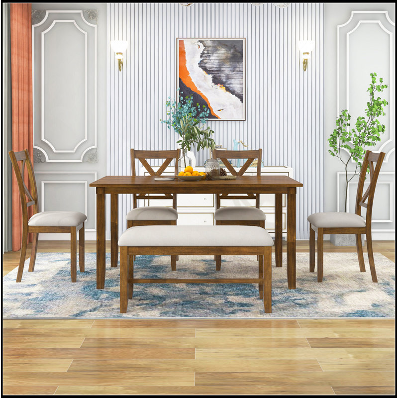 Ensemble de 6 tables de salle à manger en bois, 4 chaises en tissu et banc, Brun / Blanc