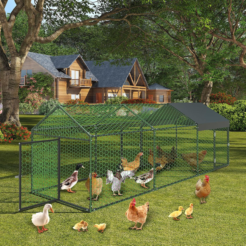 Large Metal Chicken Coop, 120" x40" x40" Chicken Runs for Yard with Cover, Walk in Poultry Cage with 3 Lockable Doors