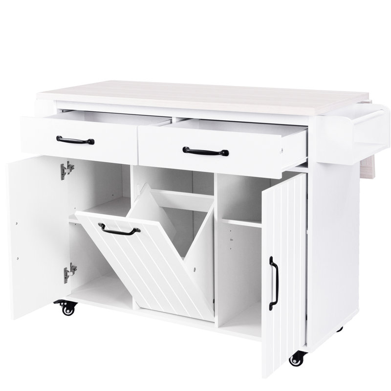 White Kitchen Island With Multipurpose Trash Bin, Drop Leaf Table, Spice Rack, Towel Bar, Removable Shelves Tilt-Out Can, Leaf, Drawer, Cabinet, Shelves, Style