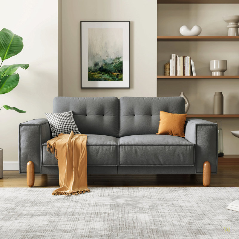 Couches pour le salon, canapé rembourré en tissu moderne capitonné avec accoudoir carré et 4 pieds en bois massif pour 2 coussins décoratifs