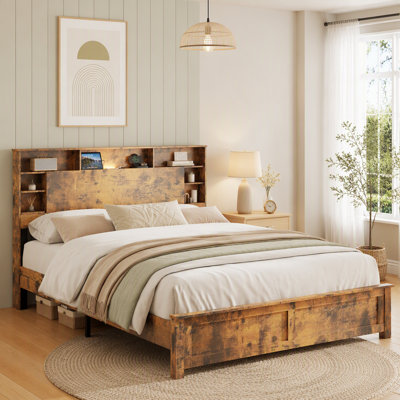 Base de lit en bois avec tête de rangement, station de charge et lumières DEL