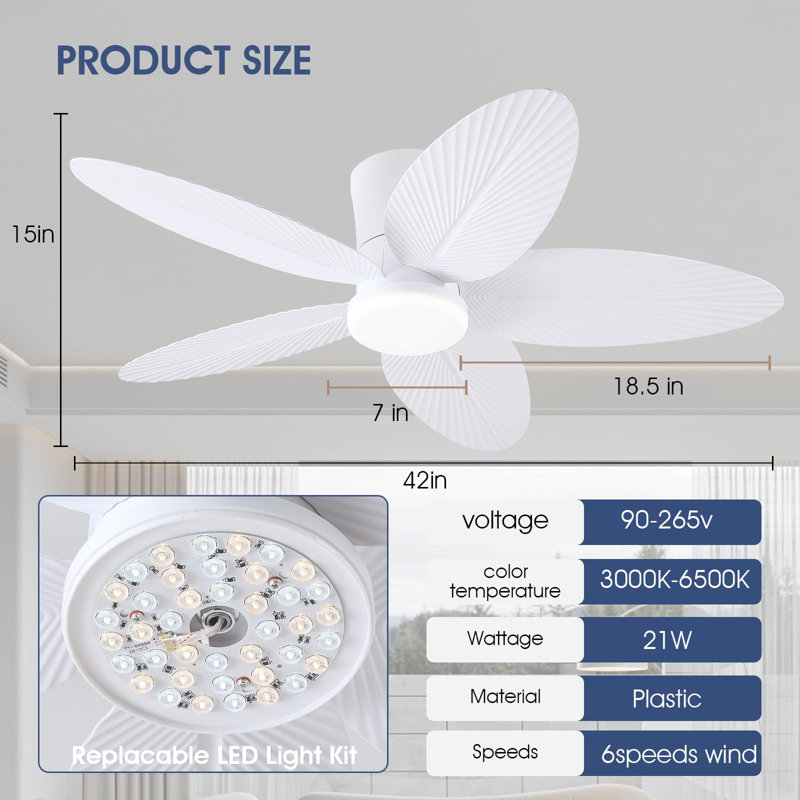 Ventilateur de plafond encastré à 5 pales de 42 po avec lumière, Blanc