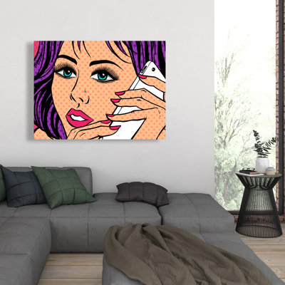 Pop Art de style Dame au téléphone - Toile beige, décoration intérieure