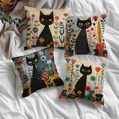 4 Pcs Cat and Flower Pattern Decorative Pillow Covers
