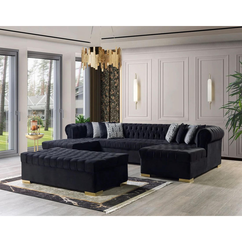 Canapé modulaire et repose-pieds Jelinek, Velours noir