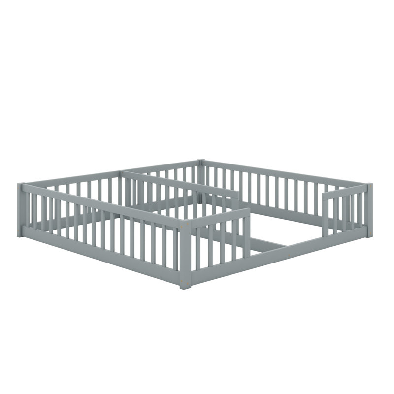 Double Floor Bed With Fence, Guardrails, Grey