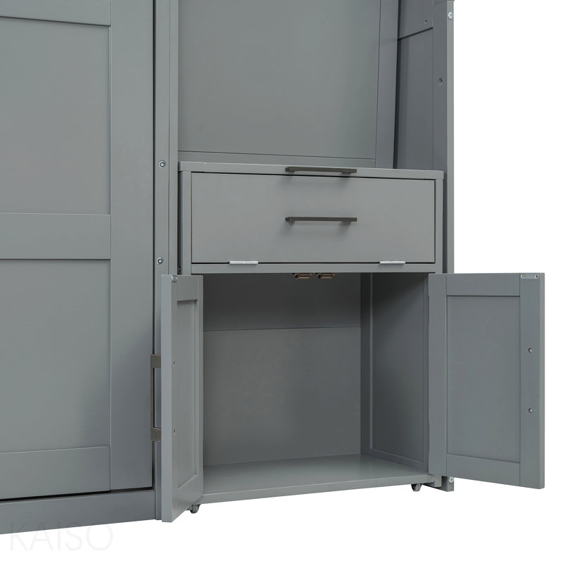 Lit escamotable mural simple avec placard, tiroirs et bureau - gris, Grey