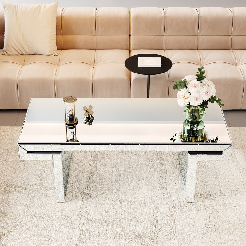 Table basse de 47 pouces avec miroir rectangulaire de luxe, verre trempé cannelé, double protection, s'adapte aux petites pièces absorbant les chocs, pour les intérieurs modernes