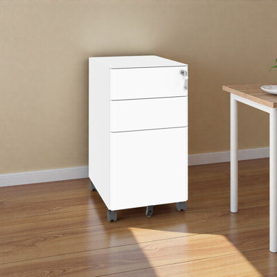 3-Drawer Mobile File Cabinet With Lock, All-Steel Metal Storage On Wheels, Two Shallow & One Deep Drawer For Office/Home, Fully Assembled, White, 110Lbs/Drawer, Anti-Tip Design