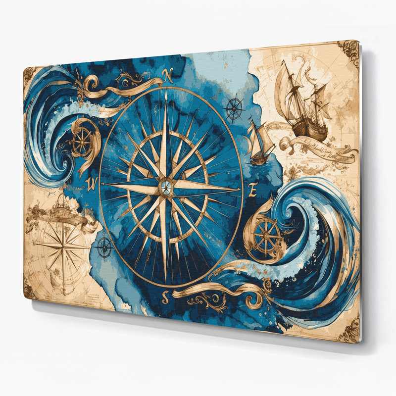 Art mural en métal beige, "Nautical Compass Designs", H 8 po x l 10 po