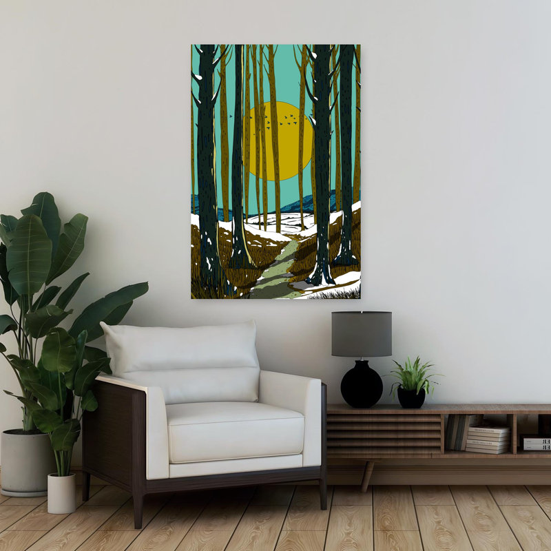 Contemporary Art Abstract Peaceful Retro Bird Pine Forest Landscape Wall Art - Wrapped Canvas Print, 91.44cm H x 60.96cm W