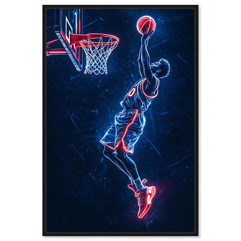 «Shoot Some Hoops Neon» par Art Remedy, Noir, H 16 po x l 11 po, Cadre flottant