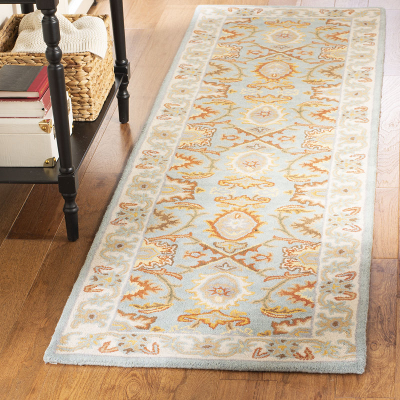 Tapis oriental bleu clair en laine touffeté à la main Chaim, Tapis de couloir 2 pi 3 po x 22 pi