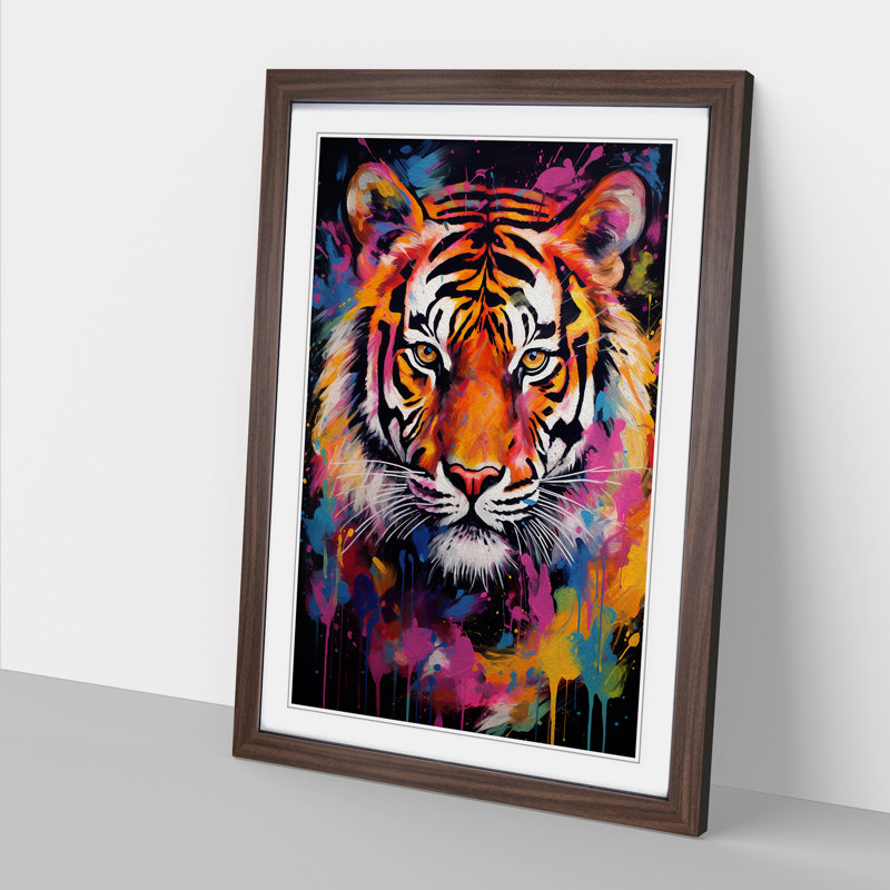 Tiger Colour Field No.2 - Single Picture Frame Rectangle Print on Wood, Walnut, 64cm H x 46cm W x 2cm D