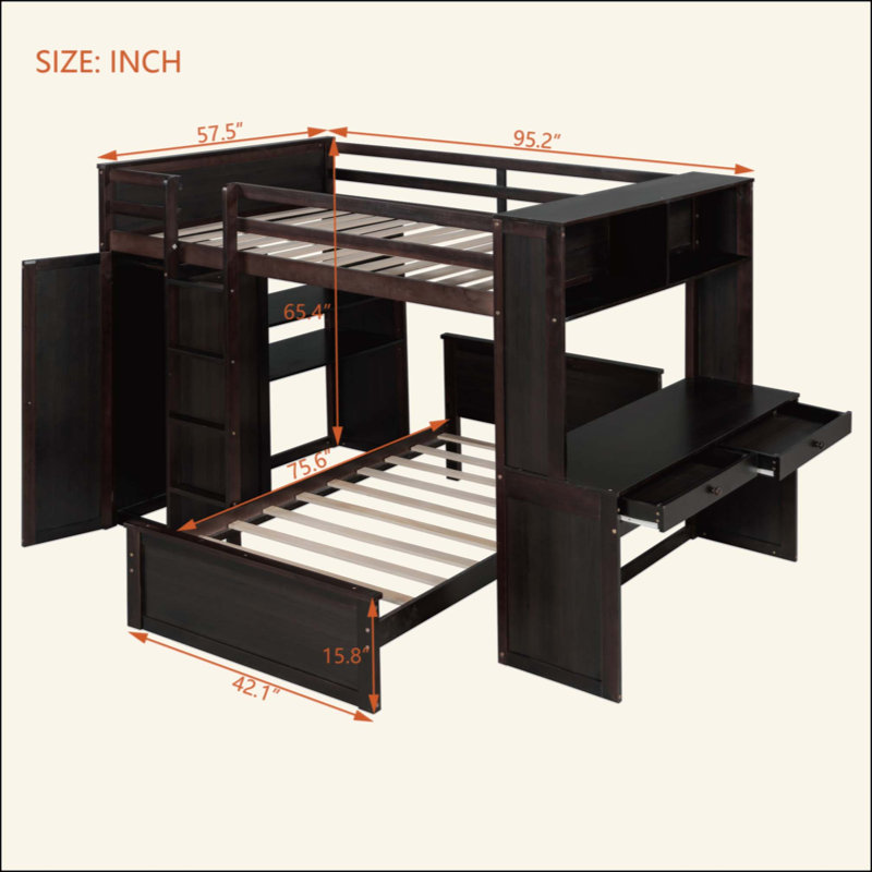 Lit mezzanine avec lit autonome, tablettes, bureau et garde-robe, Espresso