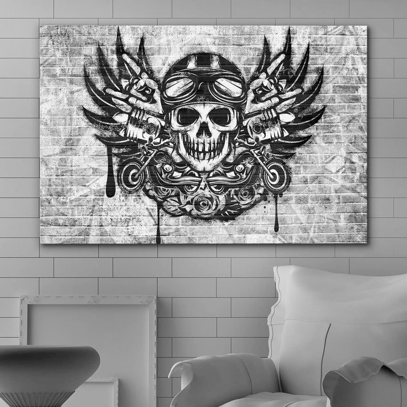 «Black & White», peinture à l'aérosol, crâne de motard, graffiti et art urbain, art moderne urbain foncé sur toile