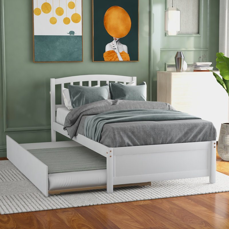 Lit plateforme simple en bois avec lit gigogne, structure de lit en bois robuste, blanc peu encombrant, Blanc
