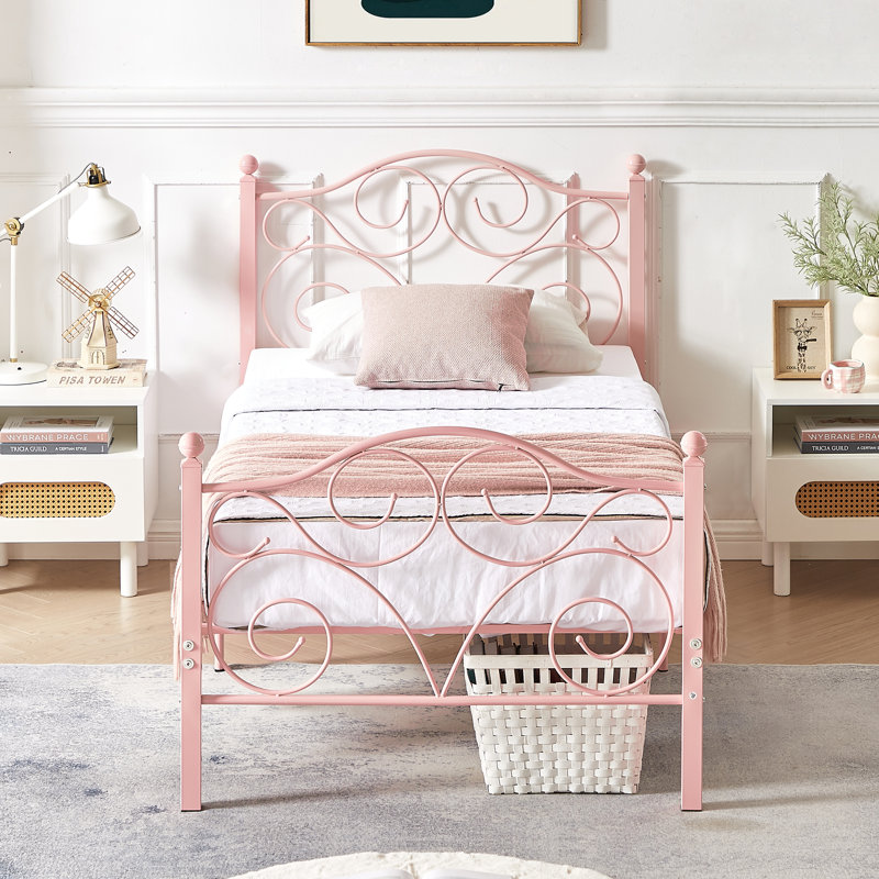 Mouin 2-Piece Metal Twin Bed Frame Set with Decorative Headboard and Footboard, Victorian Style Pink Platform Bed with Heavy-duty Slats Support, No Box Spring Needed